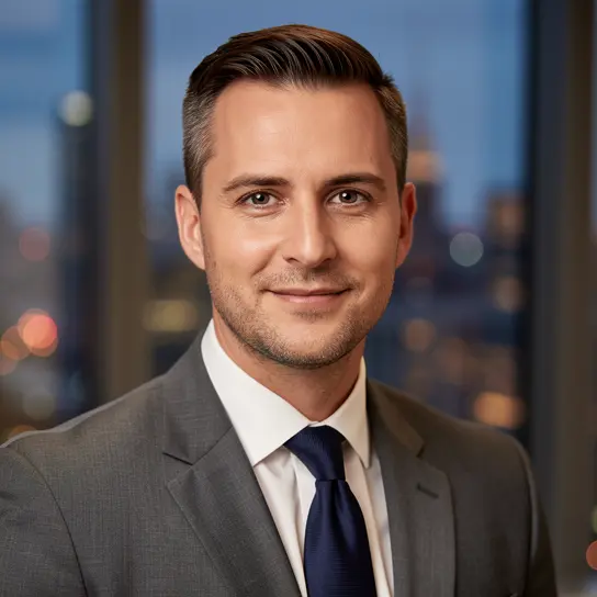 AI generated headshot: Same person in a charcoal suit with a blurry city office background (Finance look)