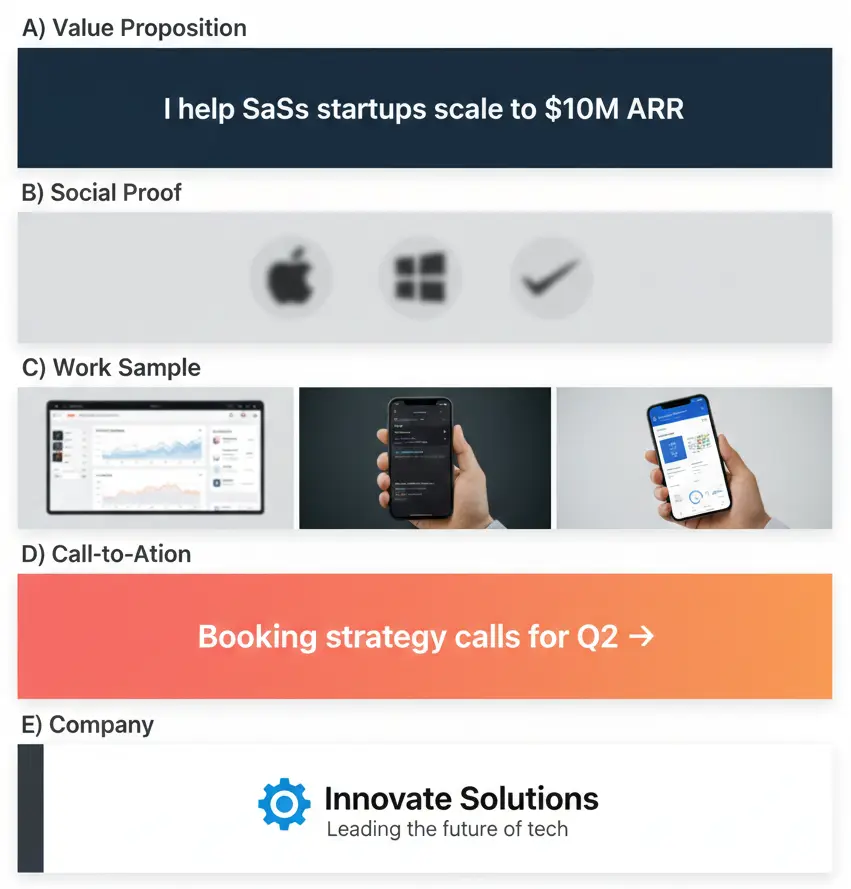 Five LinkedIn banner examples side by side: Value Proposition, Social Proof, Work Sample, Call-to-Action, and Company banner