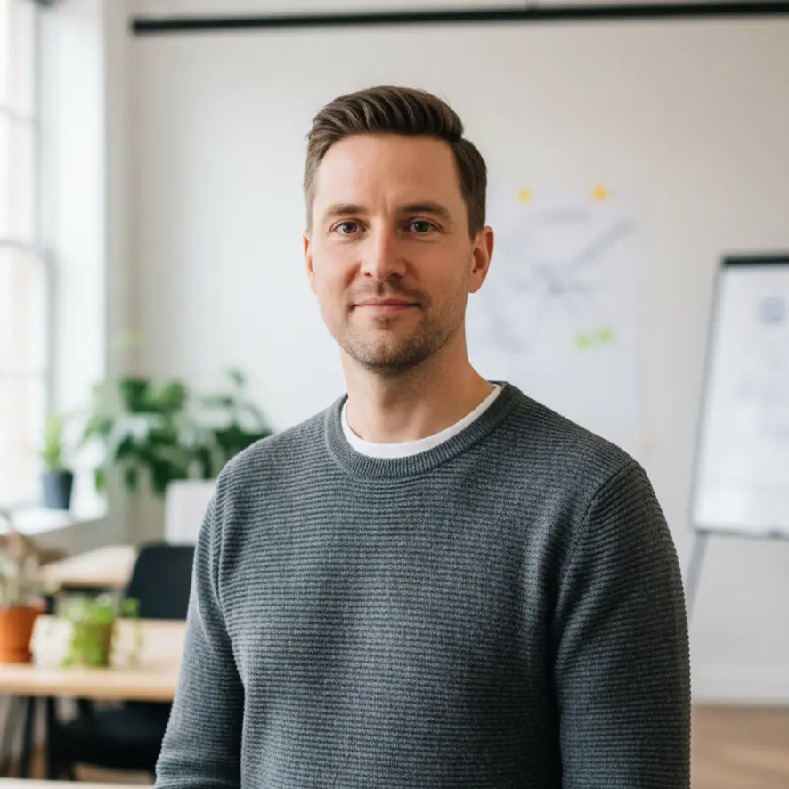 Power casual headshot for creative industries - man in gray sweater